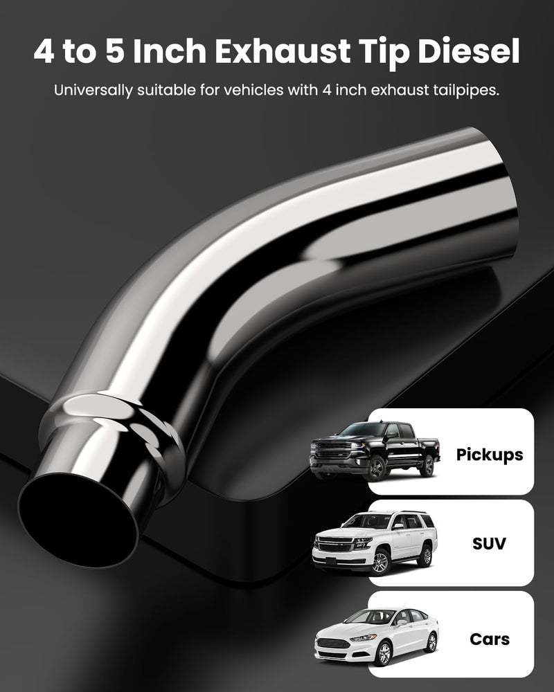 JY PERFORMANCE 4 Inch (ID) Diesel Exhaust Tip Elbow Tip 4'' Inlet 5'' Outlet 23'' Long Chrome Turndown Exhaust Tip with Clamp - Image 4